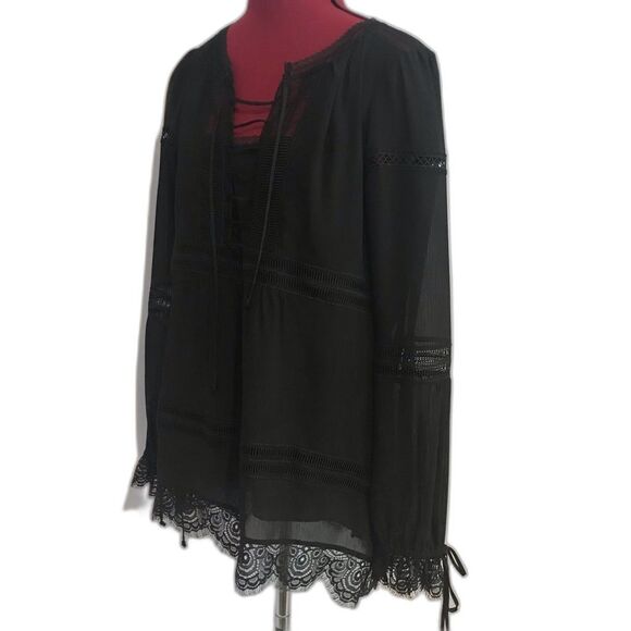 WHBM Karlee Boho Blouse Women's Size 8 Black Lace Trim Lace-Up Front Long Sleeve - Picture 6 of 16